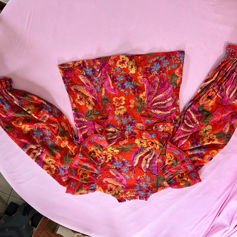 FARM Rio Spring Red Banana Blouse Ruffle-Trim Size XS - Picture 10 of 10